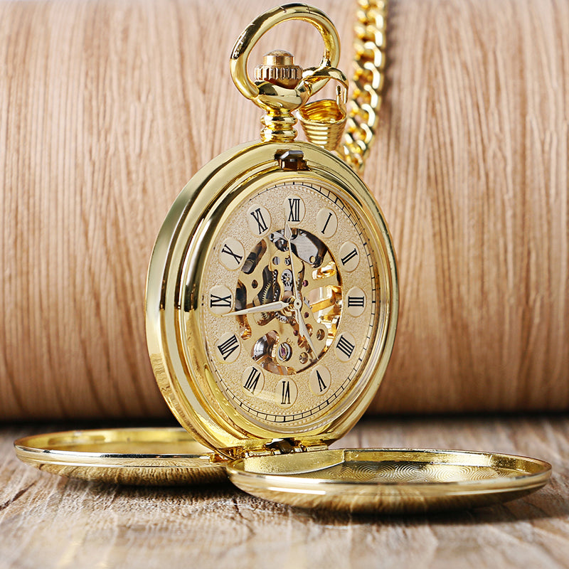 Navidad Christmas Gift Smooth Mechanical Pocket Watch Full Gold Color Men Women Stylish Retro FOB Hand Wind Double Hunter